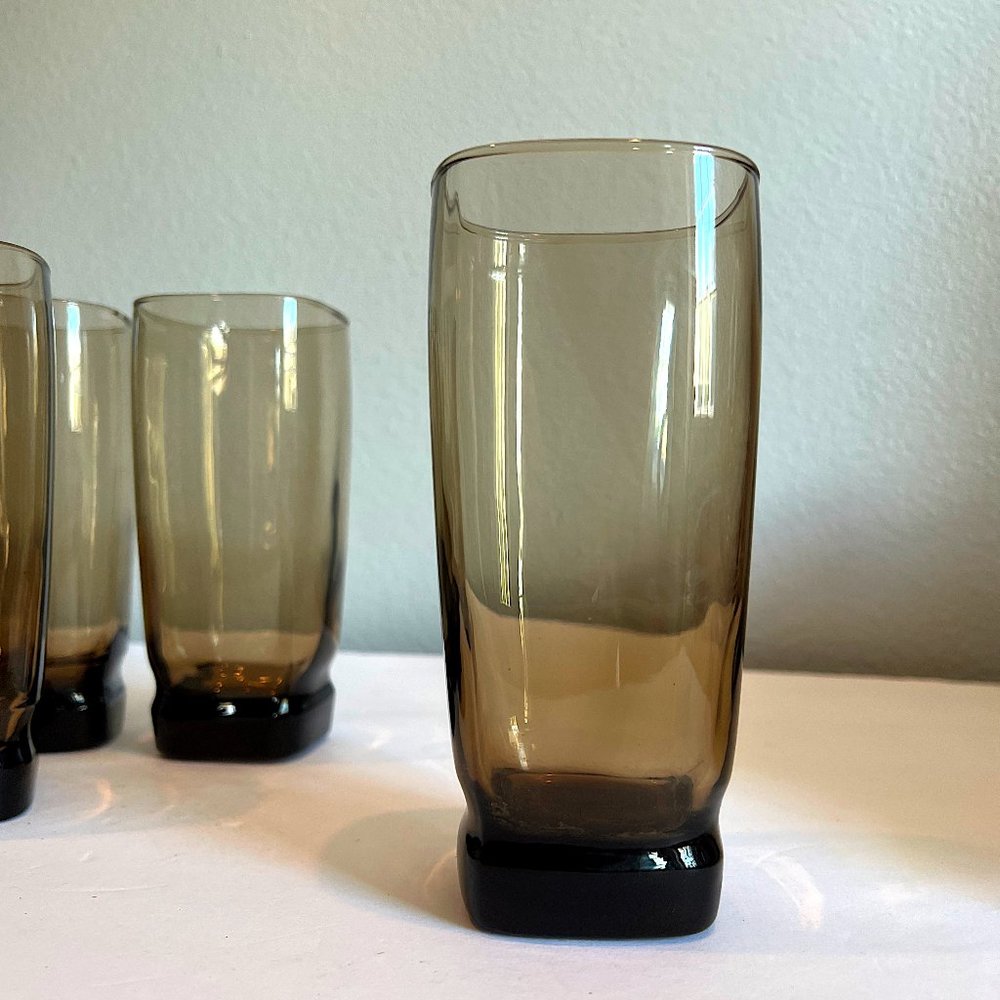 Set of Four MCM Libbey Carrington Tawny Smoke Brown Square Highball Tumblers